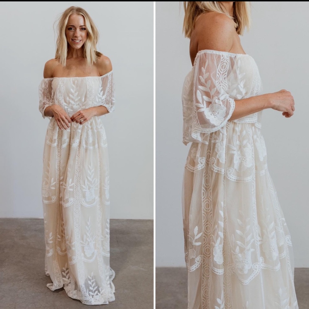 Baltic Born Cream Off-Shoulder Lace Maxi Dress